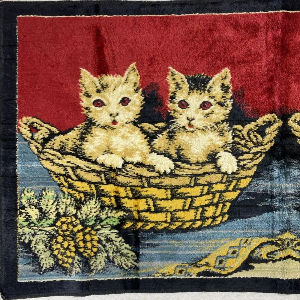 Vintage Velvet cat tapestry Textile Rug Red eyes Feline 38 x 19.5 rectangle